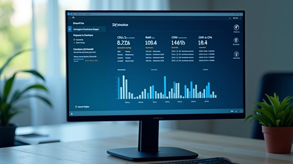 Ecrã de computador mostrando monitor de sistema com gráficos de desempenho em tempo real