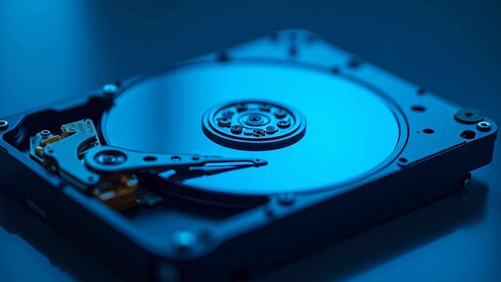Disco rígido aberto mostrando componentes internos com luz de fundo azul