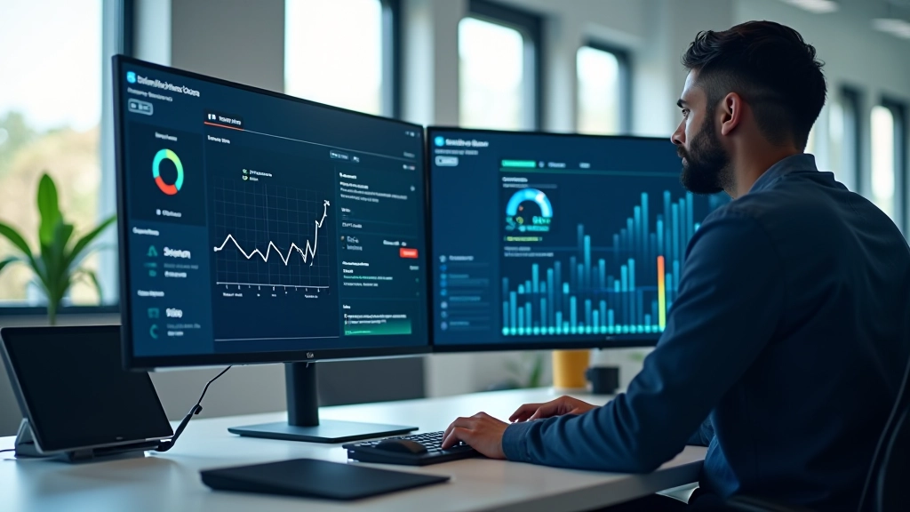 Ambiente moderno de escritório técnico com múltiplos monitores mostrando gráficos de desempenho