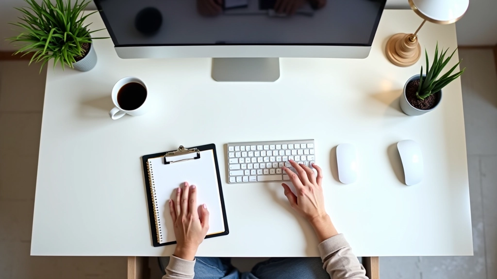 Mão usando rato em secretária com teclado mecânico e café, ambiente de trabalho minimalista